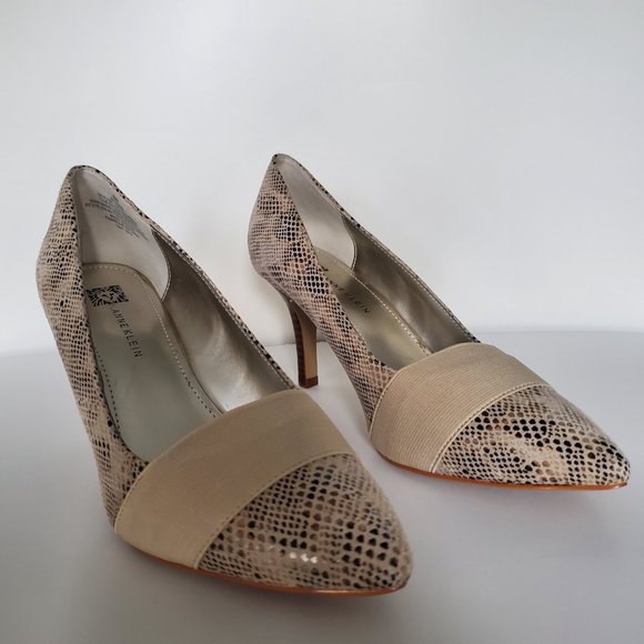 ANNE KLEIN Faux Snakeskin Shoes Stretch Band Brown Wood Stiletto Heel Women's 8 - Picture 9 of 12